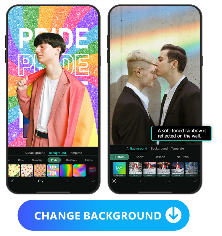 collage 2 photos with photo background being changed to pride background with PhotoDirector for LGBTQ month